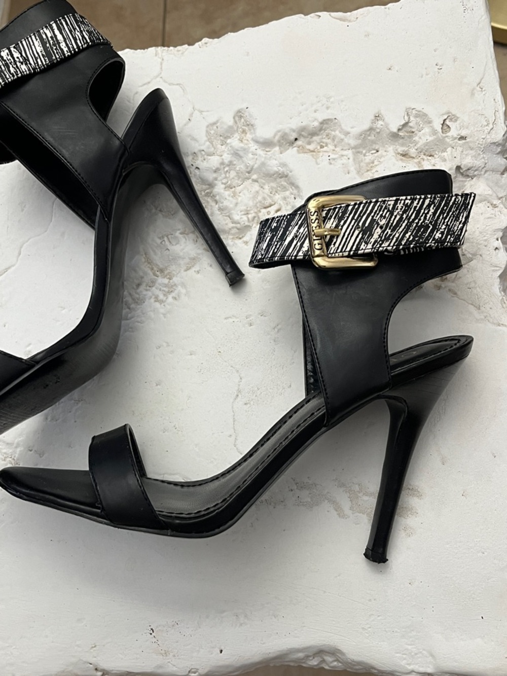 GUESS Black Heeled Sandals with Patterned Ankle Strap